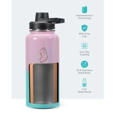 Buzio Trio Series Water Bottle with 3 Lids and Sleeve 1L - Pink Green